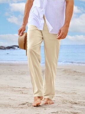 Runcati Casual Linen Pants Loose Fit Elastic Drawstring Waist Straight Pants